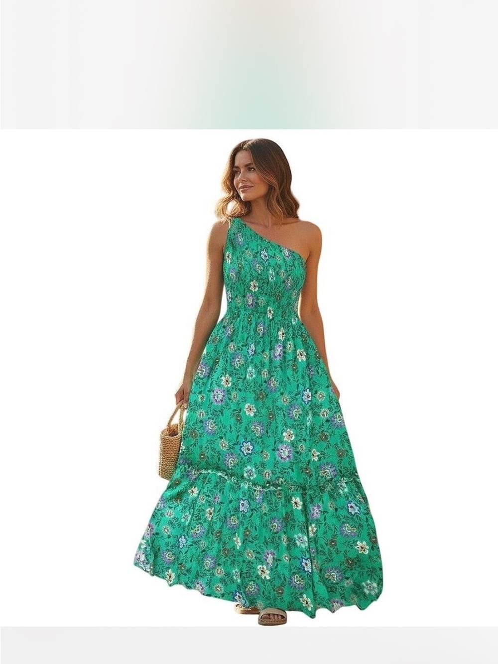 Knox Rose Green Floral
One Shoulder Smocked Tiered Maxi
Dress Womens